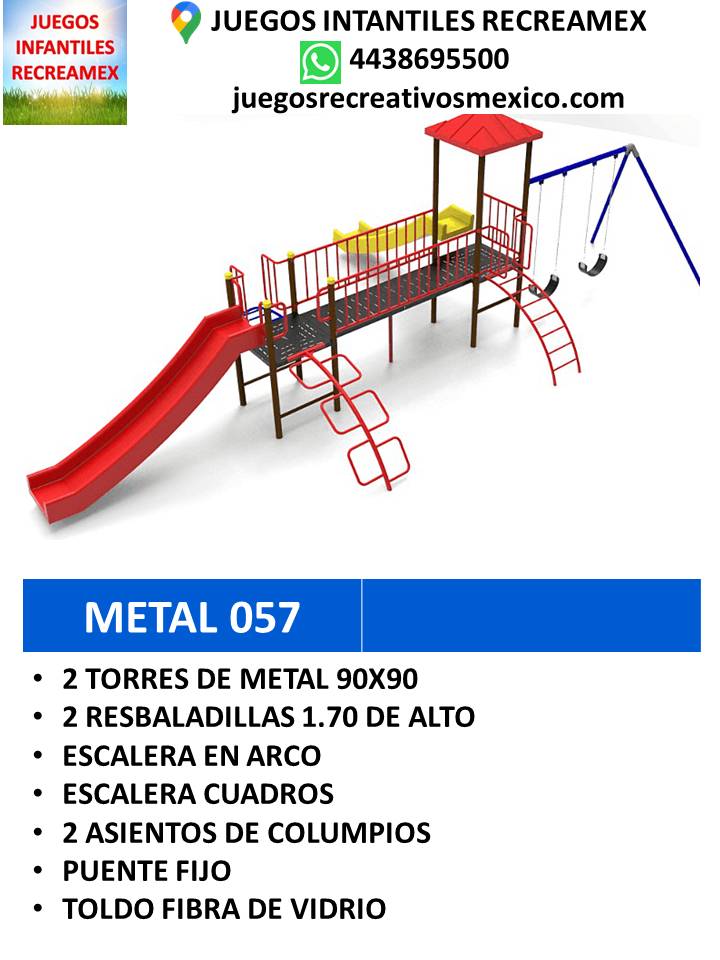 modulo de metal con resbaladillas, puente cerrado, rapelito, columpios